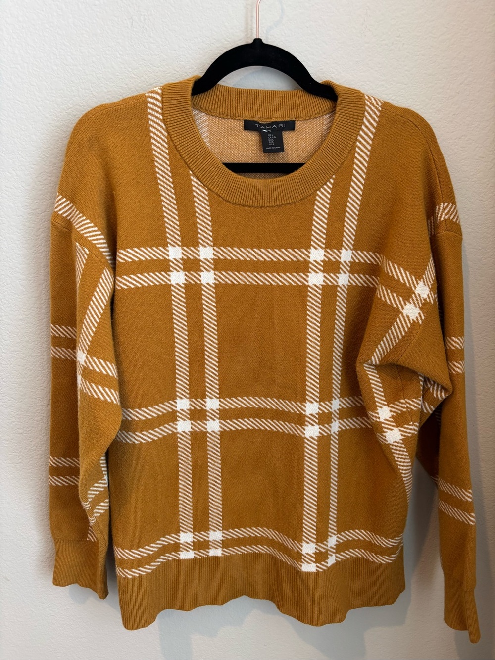 Tahari Mustard Yellow Knit Plaid Crewneck Sweater